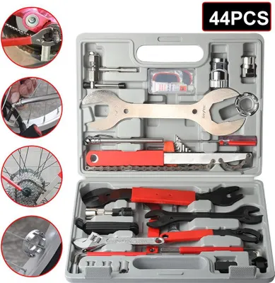 Produktbild von Fahrrad Reparaturset - Werkzeugkoffer 44-teilig - Kettennieter - Kurbelabzieher - Zahnkranzabzieher - Fahrradschlüssel - Aufbewahrungsbox 32x7x25 cm