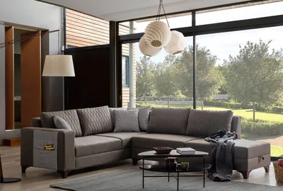 Produktbild von Hanah Home, Ecksofa-Bett, Braun, 230 x 285 cm | 70% HORNBEAM, 30% melaminbeschichtete Spanplatte | 100% Polyester, pflegeleicht, 8 Kissen, 240 kg Tragfähigkeit, modernes Design.