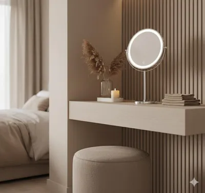 Productafbeelding van OMNIEXA make-up spiegel - 360 rotatie - 3x vergroting - LED met touchbediening – 3 lichtkleuren - Dimbaar Wit, AI-gegenereerde afbeelding