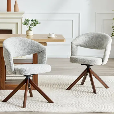 Produktbild von 2er-Set Retro-Luxus-Drehstühle, hellgrauer Strukturstoff, Massivholzbeine in Nussbaumoptik, 360° drehbar