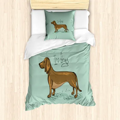 Produktbild von ABAKUHAUS Dackel Bettbezug Set für Einzelbetten, Niedliche Minimal Rassehund, Milbensicher Allergiker geeignet mit Kissenbezug, Türkis Anthrazit grau Kakao