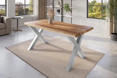 Produktbild von Refurbished Möbelretoure Esstisch Baumkante 180 x 90 cm Mangoholz Rough X-Gestell silber ATLAS