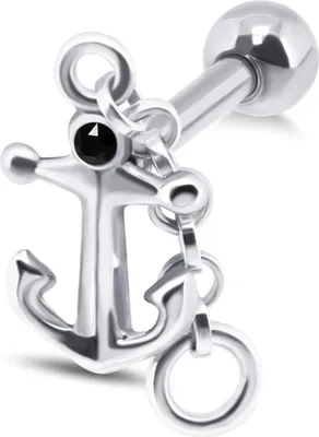 Produktbild von 1 Stück Ohrring Helix Ohrpiercing 925 Sterling Silber Kette und Anker mit Glaskristall in schwarz Verschlusskugel 4mm