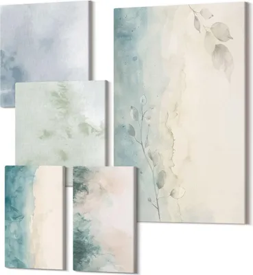 Produktbild von Wandbilder Leinwand 5-teilig – – Polycanvas Kunstdruck – Moderne Bilder für Wohnzimmer & Schlafzimmer – Aufhängefertig – 2x 30x30 cm + 2x 20x30 cm + 1x 40x60 cm – Verschüttete Aquarelle auf Leinwand im minimalistischen Stil
