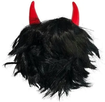 A black wig with two red devil horns attached.