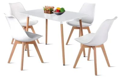 Image de Table de cuisine et ensemble de 4 chaises, blanc, MDF, bois de hêtre, 110 cm