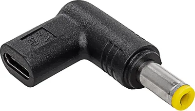 A black angled adapter with a USB-C female port on one end and a barrel male connector on the other.