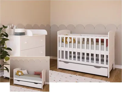 Produktbild von Babybett und Kinderbett 3in1 mit Matratze, Schublade, Zahnschienen, 2 herausnehmbare Sprossen Holz und höhenverstellbar Weiß, umbaubar zum Juniorbett