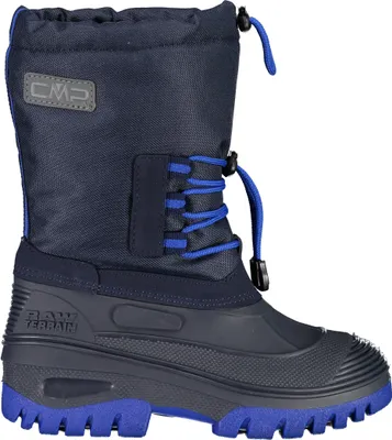 A single blue winter boot for a boy.