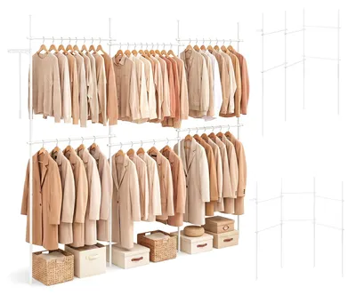 Produktbild von COSTWAY Teleskop-Kleiderständer höhenverstellbar, Begehbarer Kleiderschrank mit 6 Stangen &Greifstange ideal für Wohnzimmer & Waschküche, Weiß
