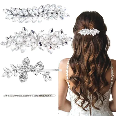Productafbeelding van 4 haarspelden met strasssteentjes voor dames, zilveren haaraccessoires met bloemenmotief, glinsterende kristalhaarspelden, unieke haarspelden met bloemenmotief voor bruiloften, accessoires voor dagelijks gebruik