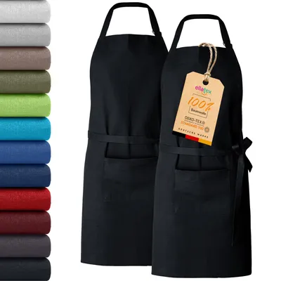Produktbild von 2er Pack EllaTex Kochschürze Latzschürzen 100% Baumwolle Unisex Schürzen verstellbar mit Tasche Grillschürze Küche, Farbe: Schwarz