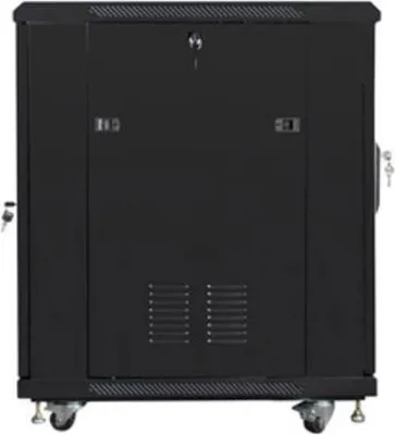 A black server rack cabinet with wheels is shown from the front. It has two doors with locks and ventilation grilles at the bottom.