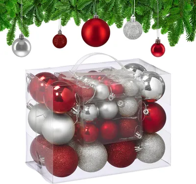 Image de Lot de 50 boules de Noël Relaxdays, décorations de Noël, mates, brillantes, pailletées, boules de sapin de Noël ∅ 3, 4 et 6 cm, argent/rouge
