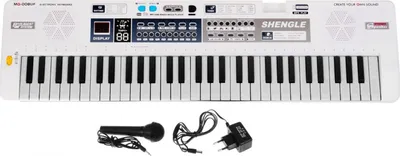 A white electronic keyboard with a microphone and power adapter, displayed on a white background.