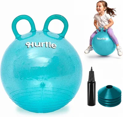 Productafbeelding van Skippybal Speelgoed - Springbal kinderen 3-6 jaar - 45 cm met Handvat - Luchtpomp en 4 hindernishoedjes - Turkoois