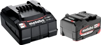 A black Metabo battery charger and a black Metabo battery are shown against a white background.
