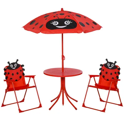 Produktbild von Outsunny 4tlg. Kindersitzgruppe Garten Gartentisch 2 Klappstühle Sonnenschirm Camping Kindersitzgarnitur Gartenmöbel für 3-5 Jahre Rot