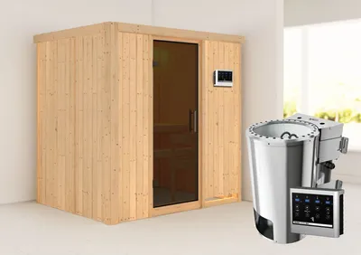 Produktbild von Karibu Sauna Innensauna Fanja Fronteinstieg Ofen 3,6 kW -Ofen externe Strg. easy 196x151x198 cm ohne Dachkranz mit Graphittür