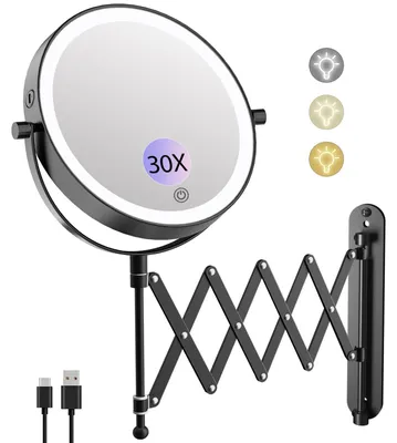 Image de Miroir de maquillage rechargeable avec grossissement 1x/30x, batterie 4000 mAh, éclairage à 3 couleurs, bras extensible et miroir mural pivotant à 360° pour salles de bains et hôtels (noir)
