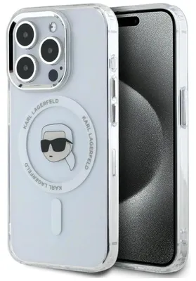 Produktbild von Karl Lagerfeld IML Metall-MagSafe-Hülle mit Karl-Kopf für iPhone 15 Pro, Weiß