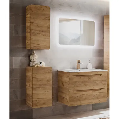 Produktbild von Badezimmer Set in Wotan Eiche Nb. LUTON-56-CRAFT LED-Spiegel und Keramik-Waschtisch, B/H/T ca. 130/200/46 cm