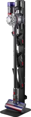 A black vacuum cleaner stand with a Dyson vacuum cleaner attached, shown against a white background.