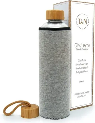 Produktbild von Famanu Glasflasche 1 Liter – Trinkflasche mit Neoprenhülle – Auslaufsichere Wasserflasche