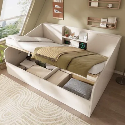 Produktbild von Hydraulisches Holzbett mit Stauraum, 2 Ablagen & USB/Type-C-Ladestation, kompakt ohne Matratze, inkl. Lattenrost – Doppelbett,Weiß,140x190 cm