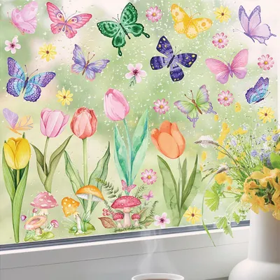 Productafbeelding van Zelfklevende raamdecoraties, lente, 8 stuks, raamstickers met bloemen, vlinders en vogels, 22x30 cm, PVC