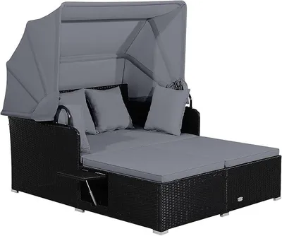 Produktbild von Sonnenliege Rattan für 2 Personen, Gartenliege mit Dach, Auflage, Kissen & ausklappbaren Seitentischen, Sonneninsel, Doppelliege, Sonnenbett, Loungebett für Garten, Terrasse (Grau)