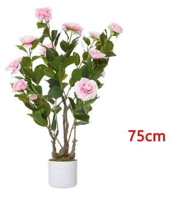 Immagine prodotto di Albero di camelia artificiale - Pianta decorativa artificiale in vaso - 75 cm - 1 pezzo - Fiori realistici - Per interni - Viola prugna