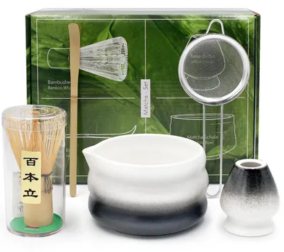 Immagine prodotto di Set da tè Matcha, composto da 5 elementi: frusta per matcha, ciotola, setaccio, supporto e cucchiaino, colore nero
