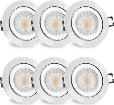 Produktbild von 6er Set RW-2 Einbauleuchte Bad LED 230V - mit tauschbarem LED GU10 3W neutralweiß - 6x Einbaustrahler rund gebürstet Alu IP44