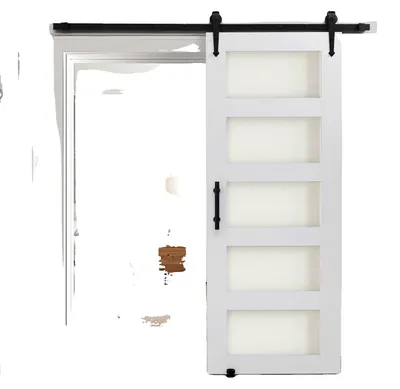 Image de Porte coulissante VEVOR de style grange Système de porte coulissante (762 x 2134 mm) en panneaux MDF haute résistance et verre dépoli, porte de grange avec kit de quincaillerie, surface PVC imperméable et cadre en H pour salle de bains