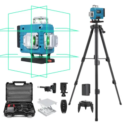 Zdjęcie produktu dla niwelator laserowy krzyżowy 4D 16-liniowy, wodoodporny IP54, z pilotem zdalnego sterowania, 2 bateriami, platformą podnoszącą, trójkątną podstawą, uchwytem ściennym