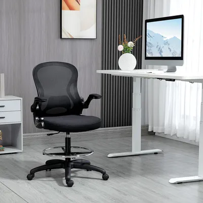 Produktbild von Bürostuhl mit Fußstütze, Zeichenstuhl höhenverstellbar, Schreibtischstuhl Mesh-Stoff, Schwarz  |  Sitzhöhe 54–70 cm  |  59 x 65 x 122 cm
