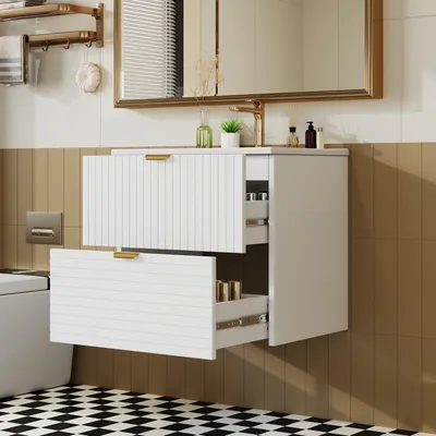 Produktbild von Flieks Wandhängender Waschtisch mit zwei geräuschlose Schubladen und integriertes Waschbecken, Badezimmerschrank, Schrank 61x46x57cm, Weiß
