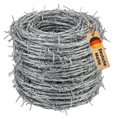 Produktbild von NOOR Stacheldraht - Dornendraht Weidenzaun verzinkt - Silber 50m Rolle - 2-fach verdrillter Sperrdraht mit 10 cm Stachelabstand - Schutz für Zäune & sensible Bereiche gegen unbefugtes Übersteigen
