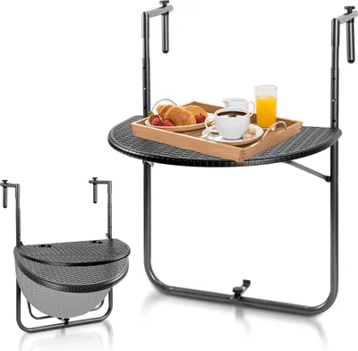 A balcony table and a hanging basket are displayed against a white background. The table has a breakfast tray with croissants, strawberries, coffee, and orange juice on it.