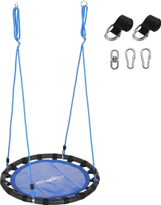 Immagine prodotto di Altalena a nido Relaxdays, altalena sospesa rotonda con cinghie e moschettoni, per bambini, regolabile, per esterni, Ø: 80 cm, fino a 100 kg, blu