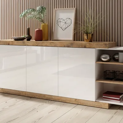 Produktbild von Masseno Kommode SINFONIA 220 cm Sideboard und 3 Türen für Wohnzimmer Schlafzimmer Modern 220x40x86 cm Eichefarben / Weiß