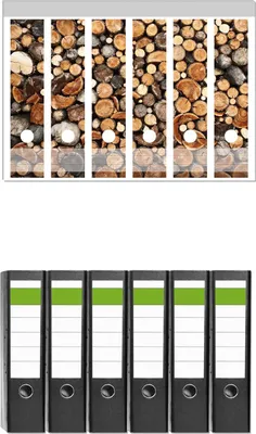 Produktbild von Wallario 6 Stück breite Ordner inkl. Klebeetiketten mit Motive Dunkler Holzstapel rund -  Set mit Rückenschildern / Ordnerrücken Stickern