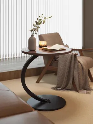 Produktbild von Hölzerner Salontisch, runder Salontisch, kleiner C-förmiger Beistelltisch, Tischplatte Durchmesser 40 cm, Höhe 60 cm, Beistelltische für Sofa, Wohnzimmer