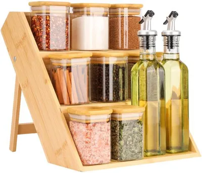 Produktbild von Holz-Kräuterregal mit Glasgefäßen und Ölpumpen für die Küchenorganisation
