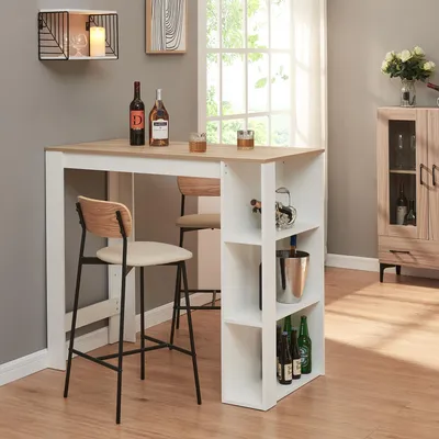 A bar table with shelves in a room setting.