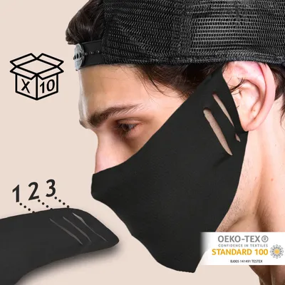 Obrázok produktu pre Maska na tvár - balenie 10 ks, pre dospelých, jednovrstvová, priedušná, polyester, čierna, prateľná, možnosť prispôsobenia veľkosti - spoločenská maska, provizórna maska, každodenná maska, textilná maska
