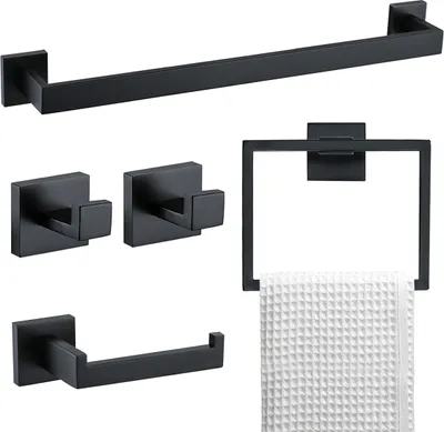 Produktbild von 5-teiliges badezimmer-set – 60 cm handtuchhalter aus edelstahl, schwarz, wandmontage, inkl. handtuchstange, handtuchring und toilettenpapierhalter