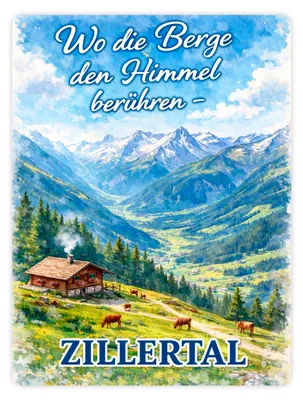 Produktbild von Wo die Berge den Himmel berühren Metallschild XXL in 28x38 cm - Zillertal