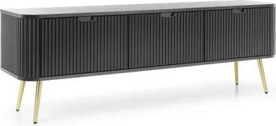 Produktbild von 3-türiger TV-Schrank ELISA 168 cm mit geriffelten Fronten und hohen Metallbeinen moderner TV-Schrank mit abgerundeter Form, Farbe: Schwarz, Beinefarbe: Gold